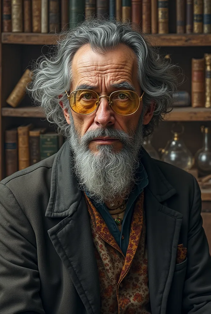 Make a 183-year-old theoretical physicist with gold lenses, disheveled black hair and a very thin and thin beard 