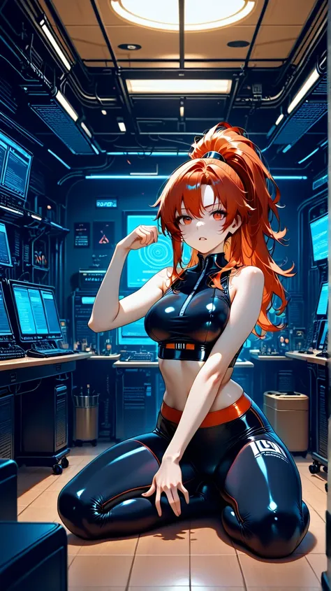  a girl,Alone ,(  absurd, high,  ultra detailed), background  player  room,  long hair, player tech, neon,  player ,,Dutch plane,   player  wearing yoga clothing ,   ohwx woman, Jayden Jaymes, red hair, high ponytail button, long hair, Looking at the spect...