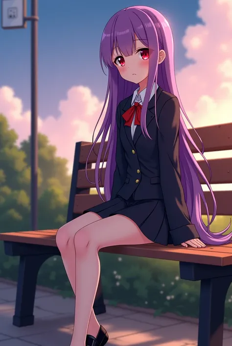 anime girl with long purple hair and red eyes sitting on a bench, a picture inspired by Li Shida, pixiv contest winner, shin hanga, popular isekai anime, ayaka genshin impact, anime visual of a cute girl, sao style anime, ayaka game genshin impact, sword a...