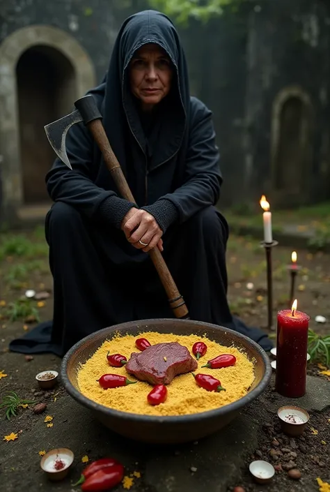 Nanny Caveira, Exu side of Quimbanda in an all-black cemetery holding a sickle with a wooden handle in her hand, candles and catacomb in circles, The cemetery looks like a garden with grasses and land, A bowl with yellow flour, Meat in the middle of the bo...