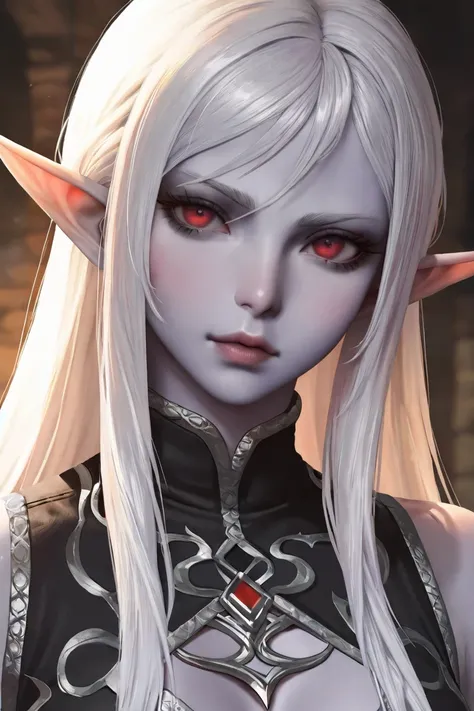 Female Drow Elf with long white hair, purple skin, red eyes and big chest. Close Portrait.