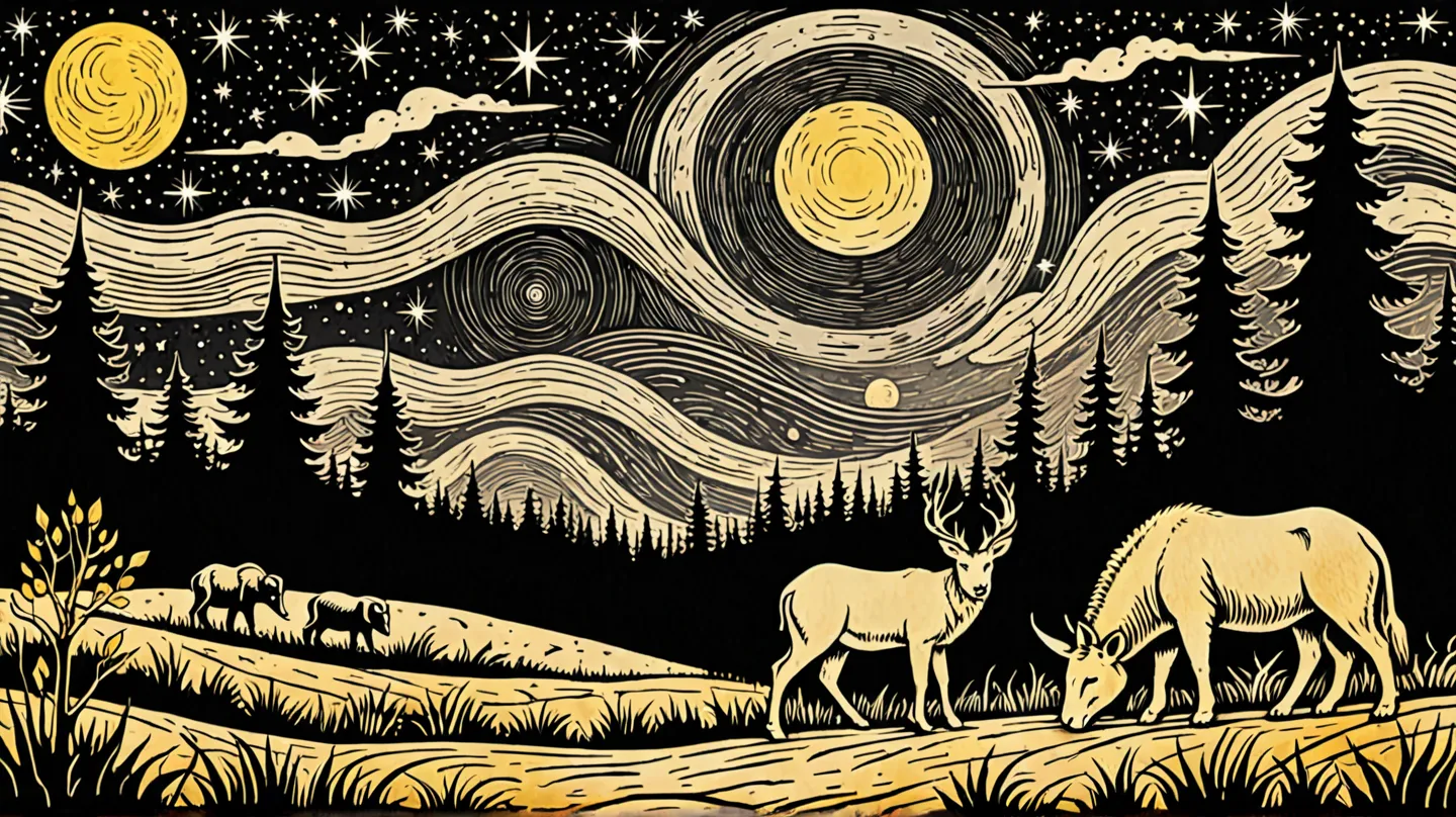 Create a rustic woodcut style image digital art surreal, using only black, beige, and yellow colors.

Various animals under a beatiful nightsky on nature, 