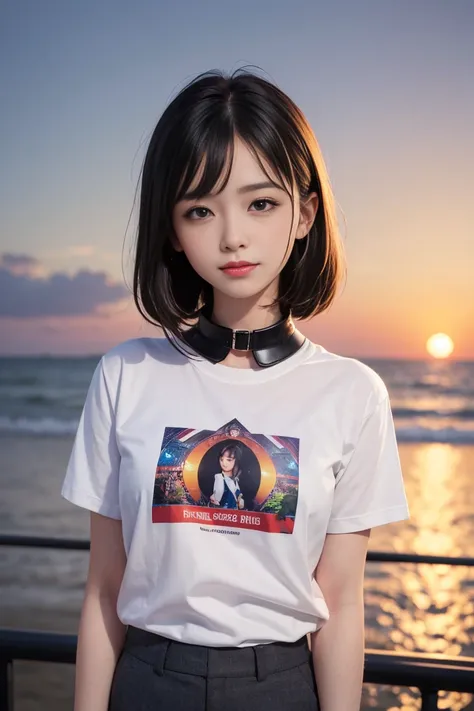 (8k, RAW picture, top quality, 걸작:1.3),(really,picture:1.37),(Looking at viewer:1.331),(dark hair standing at night), by, beachfront,Morning Scenery,sunrise, Clear Skies ,1 female,Korean, very beautiful face ,small, put your hands down ,Pony Hair Style,hai...