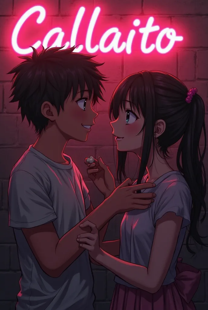 two people, a boy and a girl, In anime-themed, The boy is talking in the ear of the girl, conquering her and convincing her to have an affair at will, and the wall in the back has a neon sign titled: Callaito