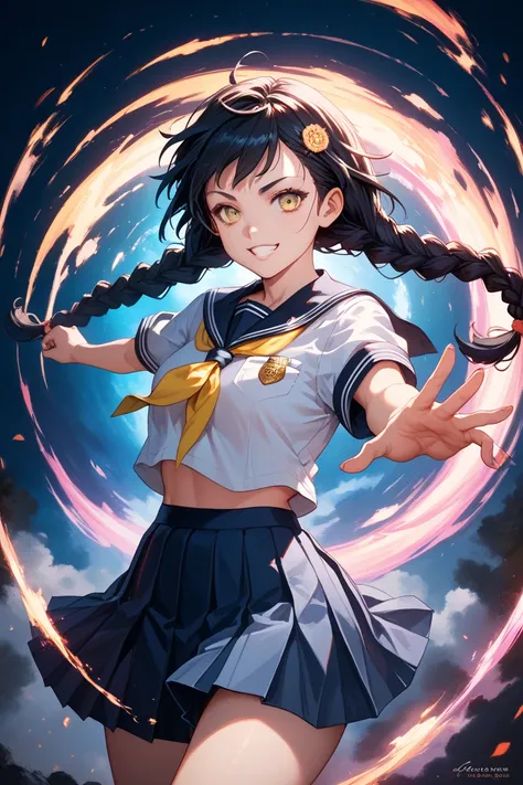  illustration style。Manga Style。Rough style。She has well-groomed, semi-long black hair with braids extended to her shoulders。and sharp yellow eyes。high school uniform