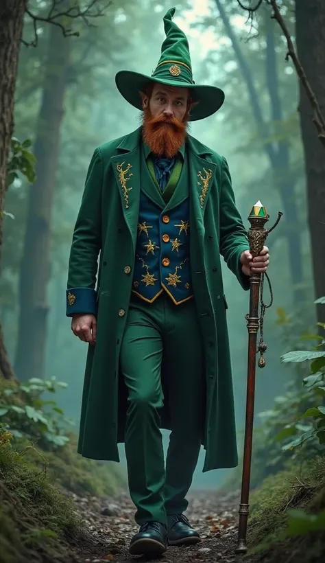 
a tall, strong man with short, messy redheaded hair with a full beard, in his mob version, wears a green suit with blue details, keeping the colors of his original tunic. He wears a dark green shirt, hat, a green tie, and a vest with embroidered dark blue...