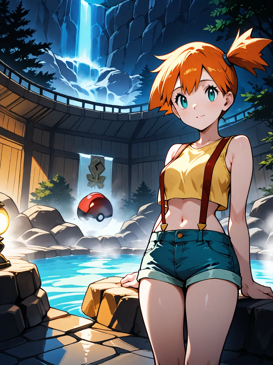 misty \(pokemon\), side ponytail, aqua eyes, yellow tank top, suspenders, denim shorts, 8k, Obra maestra, mejor calidad, ultra detallado, detalles intrincados, hiper calidad, alto detalle, profesional, HDR, cinematic lighting, panoramic view, beauty eyes, ...