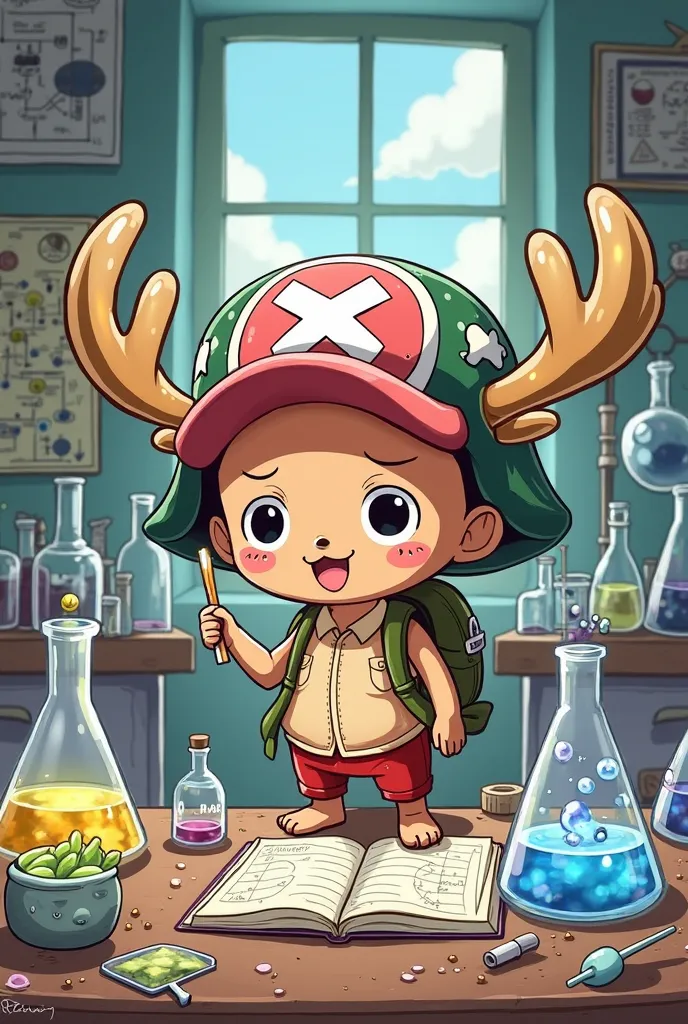 Make a chopper, The character from One Piece, doing something related to physical chemistry, without losing the characteristics of the character 