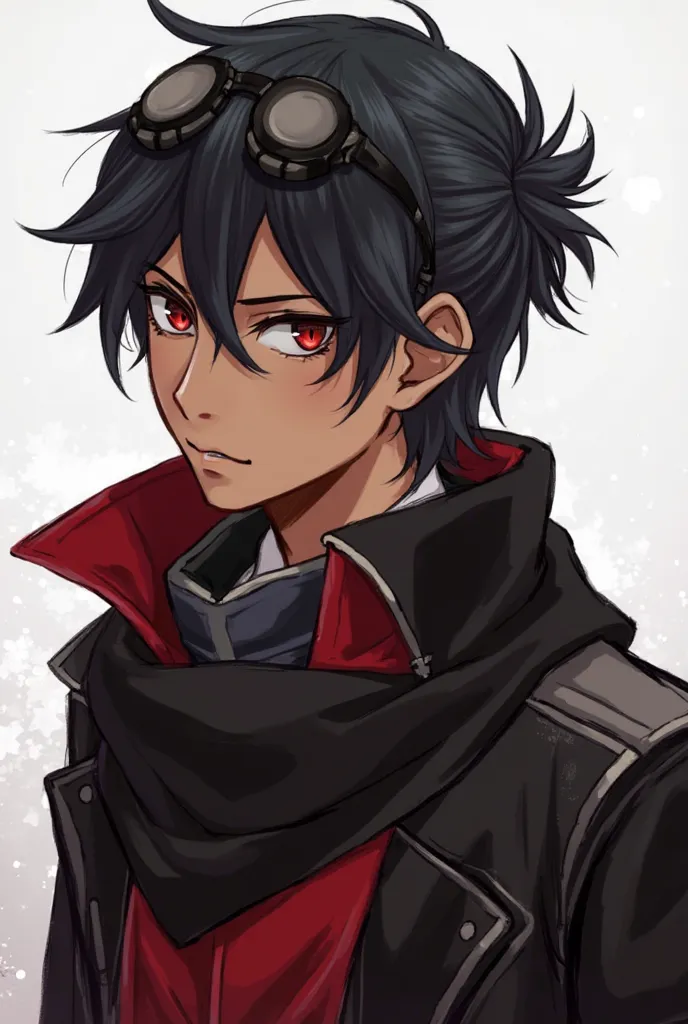 blac hair, Red amber eyes, jacket, boy, brown skin, red and black clothes color, little blue tints, tied hair, masculine, profile stance, soft expression, eyebags, no mask, no armor, leather, black and red scarf, Shadar-Kai, red or gold eyes, black jacket,...