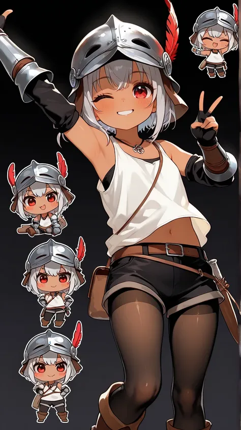 a dwarf size joyful physically thick young short dark skin small-sized girl, with short silver hair and red eyes wearing a medieval helmet with a red feather and medieval full arm gauntlets and knee height tights and a short white tank top and black shorts...