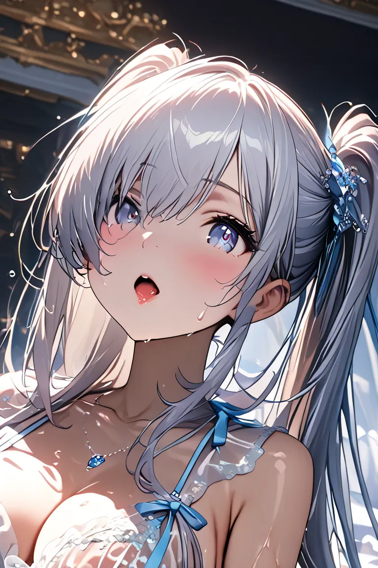  Cinderella, white hair, hair over one eye, white pupils, twintails, long hair, very long hair,wet 、 juice 、dynamic、（ viewed from directly below:1.5）.   red ribbon、（  Gloomy Eyes:1.3）,saliva、   open your mouth 、( masterpiece:1.3),    dynamic Poses、（side po...