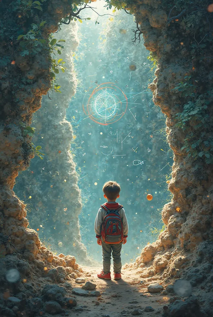 An image of a mathematical universe and a boy trying to find it's mysteries