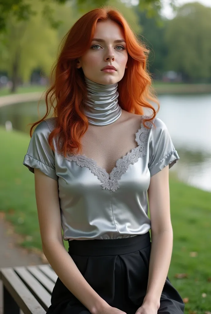 A beautiful red-haired woman with an extremely long neck. She wears a short sleeve silver turtleneck made of satin and with lace details, of a color that highlights her figure. The collar of the garment is high and tight, remaining completely attached to h...