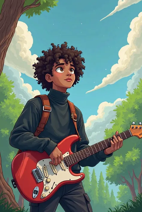 Create a Cartoon avatar inspired by the cartoon Adventure Time, the avatar will have curly hair and brown skin, the setting will be the tree house at the end and Jake, he will be riding Marceline's guitar, looking up at the sky, the colorful scenery, the c...