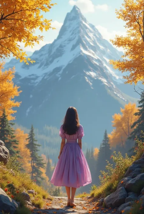 Cinematic girl who is confident and wearing a lavender frock standing in front of a highest peak under the peak trees with yellow leaves it's an autumn season and a cool breeze is comming with green leaves she os staring at that highest peak