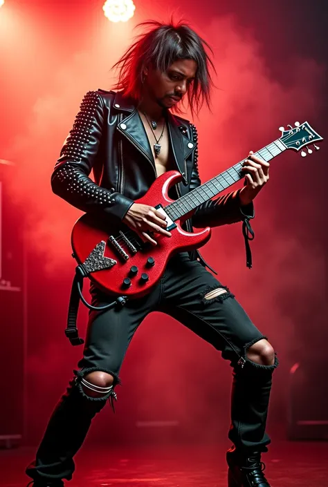 A Brazilian Brujah guitarist in a studded leather jacket, ripped jeans and motorcycle boots. His hair is disheveled and he has a rebellious expression. He holds a red electric guitar with flashy details, playing powerful riffs. Behind him, smoke and red li...