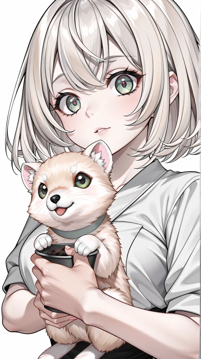 A beautiful girl with dirty blonde hair,  sage green eyes, and pale skin holding a ferret