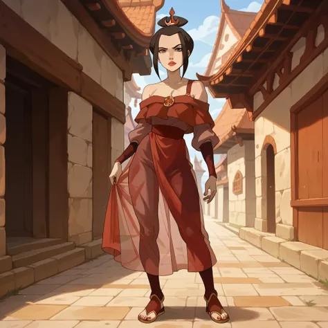 A full body display of 18-year-old,Princess Azula off the shoulder strap,long see-through skirt 