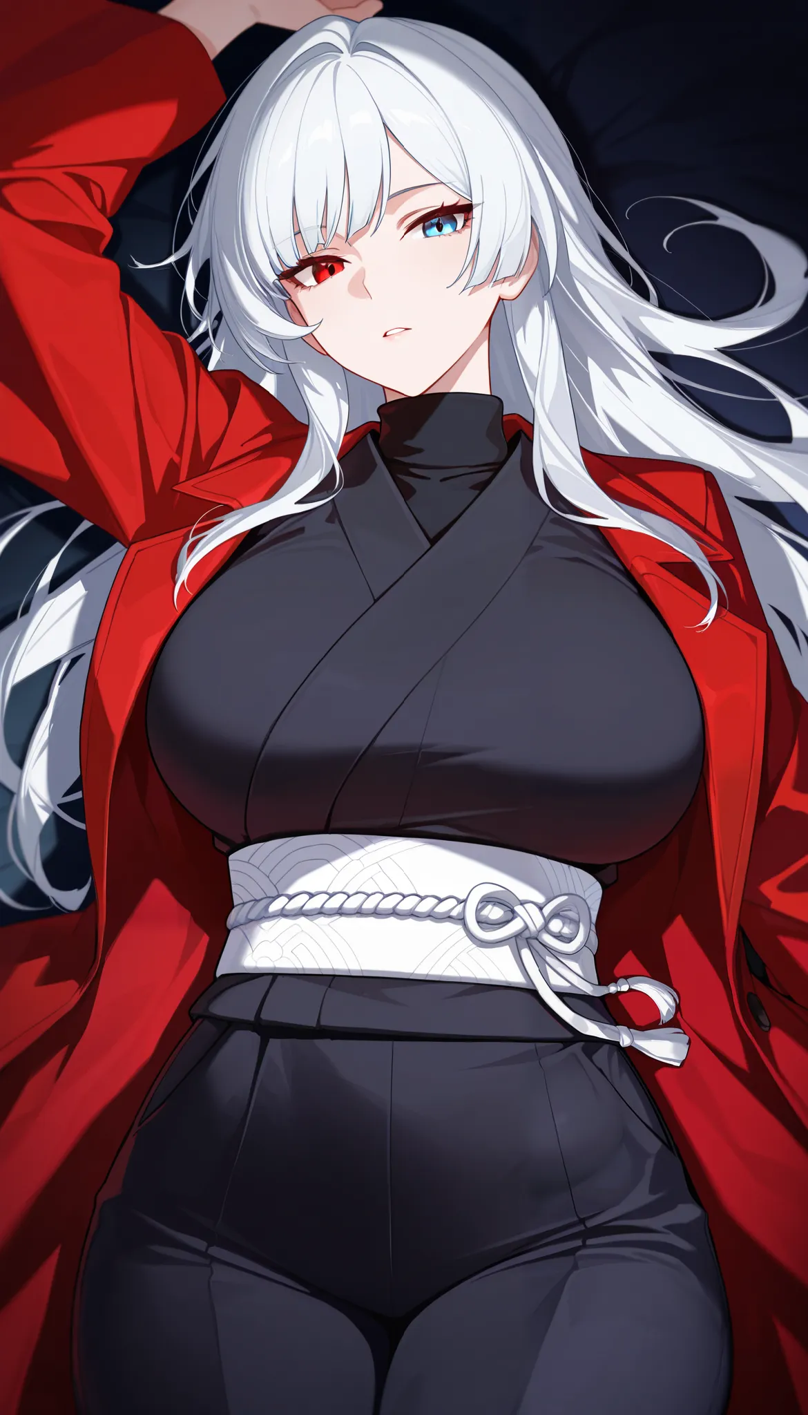 best quality, masterpiece, absurdres, 1girl, solo, heterochromia, red_eye, blue_eye, white_hair, bangs, long_sleeves, large_breasts, tall, mature_female, long_hair, black_pants, red_coat, open_coat, black_kimono, swept_bangs, tsurime, (acheron_\(Honkai:_st...