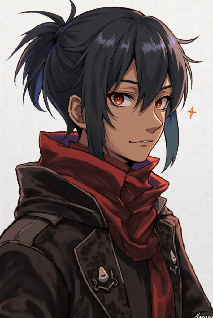 blac hair, Red amber eyes, jacket, boy, brown skin, red and black clothes color, little blue tints, tied hair, masculine, profile stance, soft expression, eyebags, no mask, no armor, leather, black and red scarf, Shadar-Kai, red or gold eyes, black jacket,...