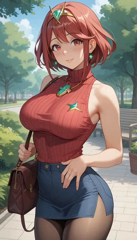  score_9,  score_8_up,  score_7_up,  source_ anime、Highest quality、8k、 masterpiece、super high definition、natural light、perfect anatomy、one woman、saggy breasts、glamorous physique、Pyra 、cute face、(tight sleeveless rib knit sweater、 high neck)、denim micro ski...