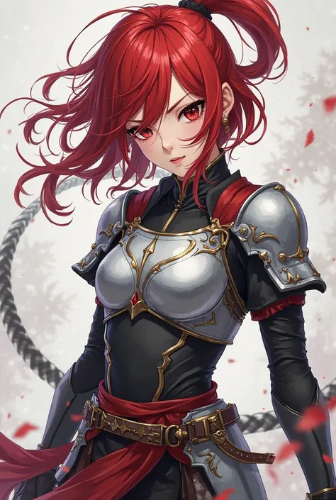 A young fighter.  White . Fringed and red hair, Almost red. His face is a bit feminine. wears tight silver and black armor. agile. He fights with a silver whip. Does acrobatics like a ninja. He's manipulative.  digital anime art 