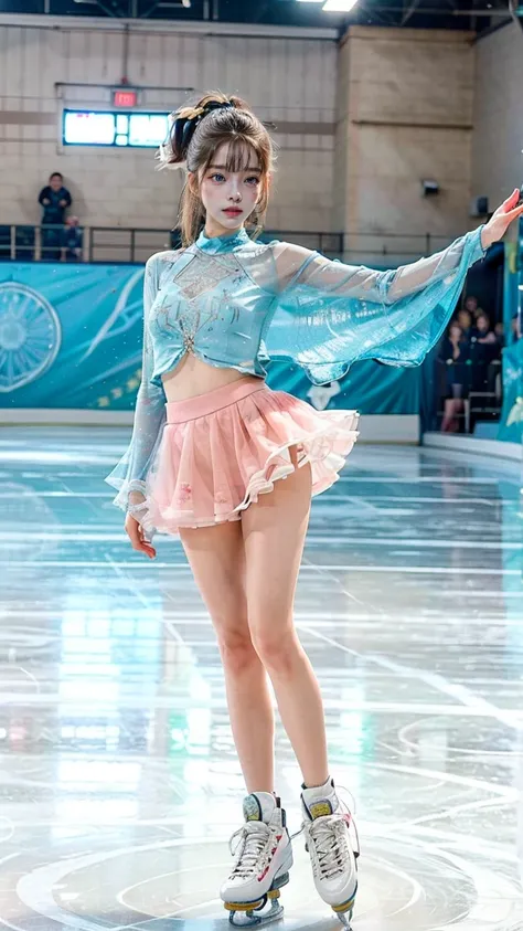 (8k, best quality:1.3), (extremely detailed:1.2), perfect anatomy, beautiful Japanese woman, 18 years old, healthy thighs, beautiful legs, beautiful skin, random hair color, random hairstyle, large breasts, (she is standing:1.2), female figure skater, figu...