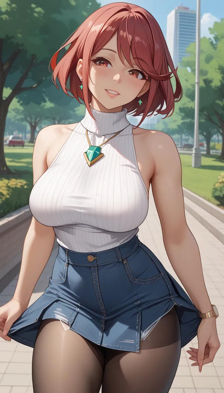  score_9,  score_8_up,  score_7_up,  source_ anime、Highest quality、8k、 masterpiece、super high definition、natural light、perfect anatomy、one woman、saggy breasts、glamorous physique、Pyra 、cute face、(tight sleeveless rib knit sweater、 high neck)、denim micro ski...