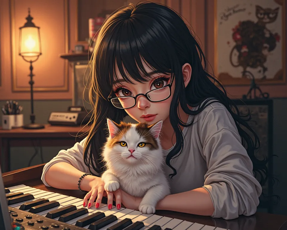 CREATE AN IMAGE OF A YOUNG WOMAN WITH LONG HAIR, WAVY BLACK AND LENSES, IN A MUSIC BOOTH, WITH HIS WHITE CAT WITH BROWN SPOTS, anime