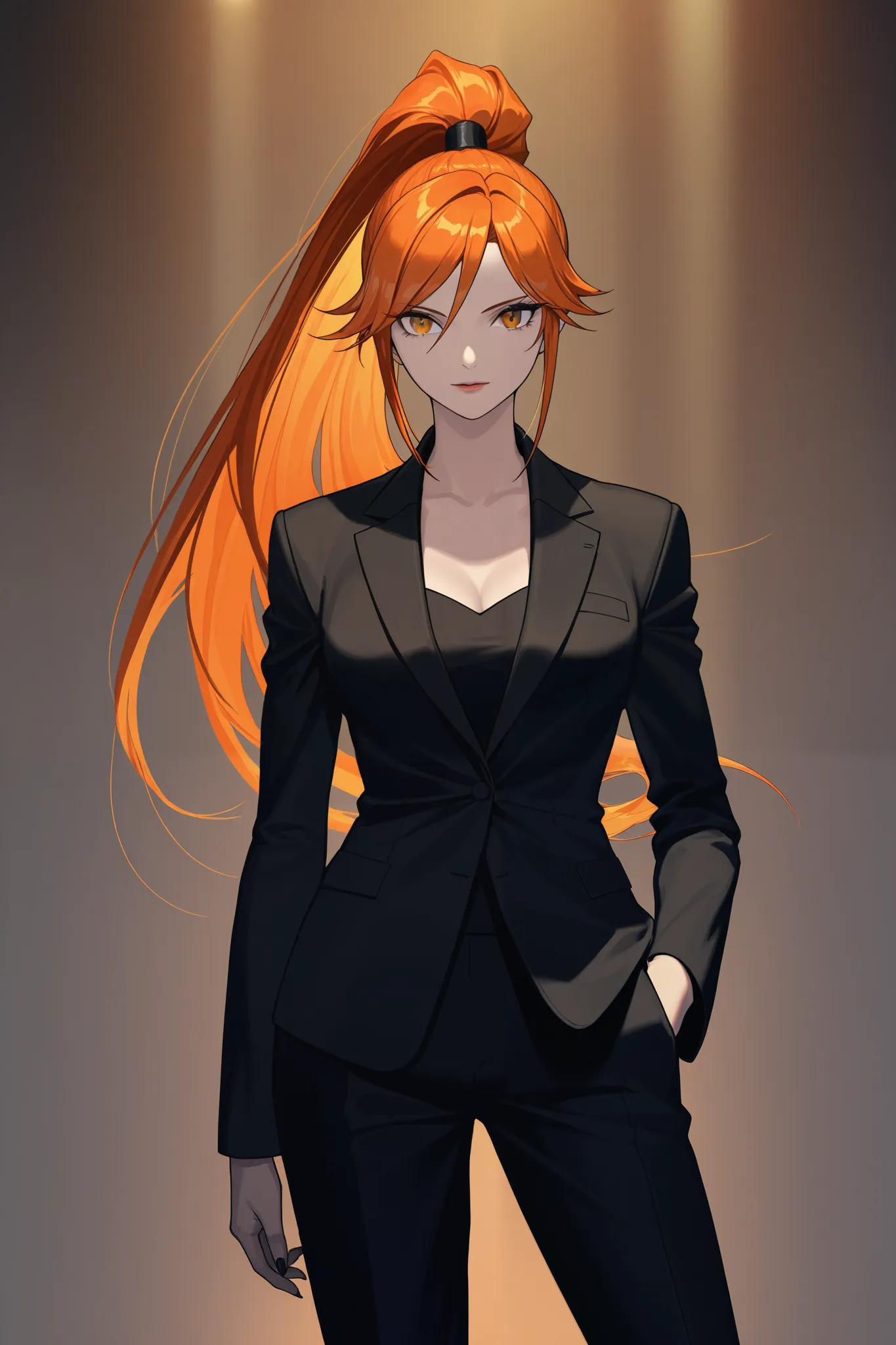 anime screencap, masterpiece, best quality, amazing quality, very aesthetic, newest, 1woman, solo, orange hair, high ponytail, glasses, black suit, tall, highres