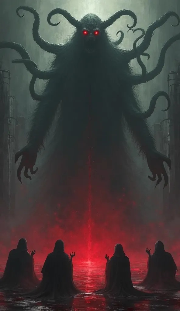 "A monstrous shadow rising from a pool of blood, its glowing red eyes piercing through the darkness. Tentacle-like limbs stretch outward, reaching for the cultists who kneel in devotion."
