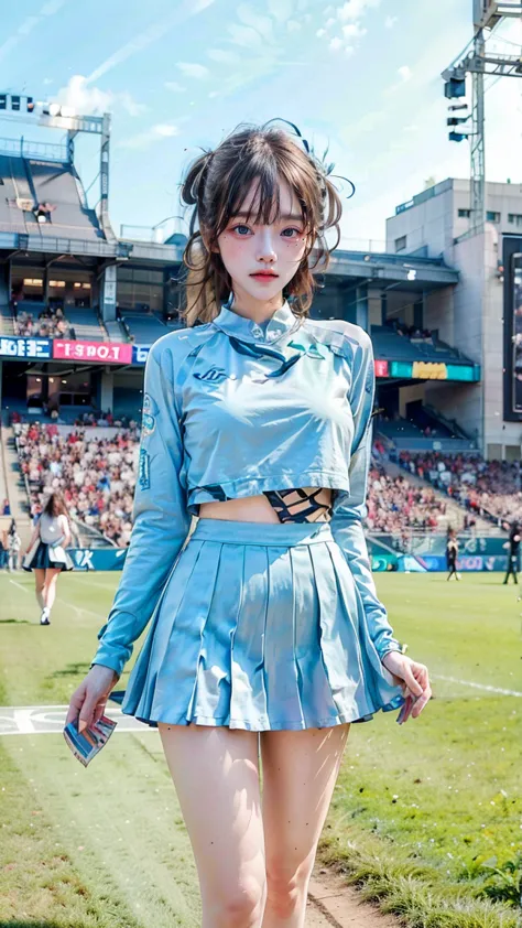 A beautiful young Japanese woman, 20 years old, with perfect anatomy, healthy thighs, beautiful feet, flawless skin, random hair color and style, large bust, (she is standing:1.2), wearing a cheerleader uniform with micro-pleated miniskirt, in a full body ...