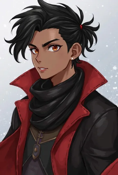 blac hair, Red amber eyes, jacket, boy, brown skin, red and black clothes color, little blue tints, tied hair, masculine, profile stance, soft expression, eyebags, no mask, no armor, leather, black and red scarf, Shadar-Kai, red or gold eyes, black jacket,...