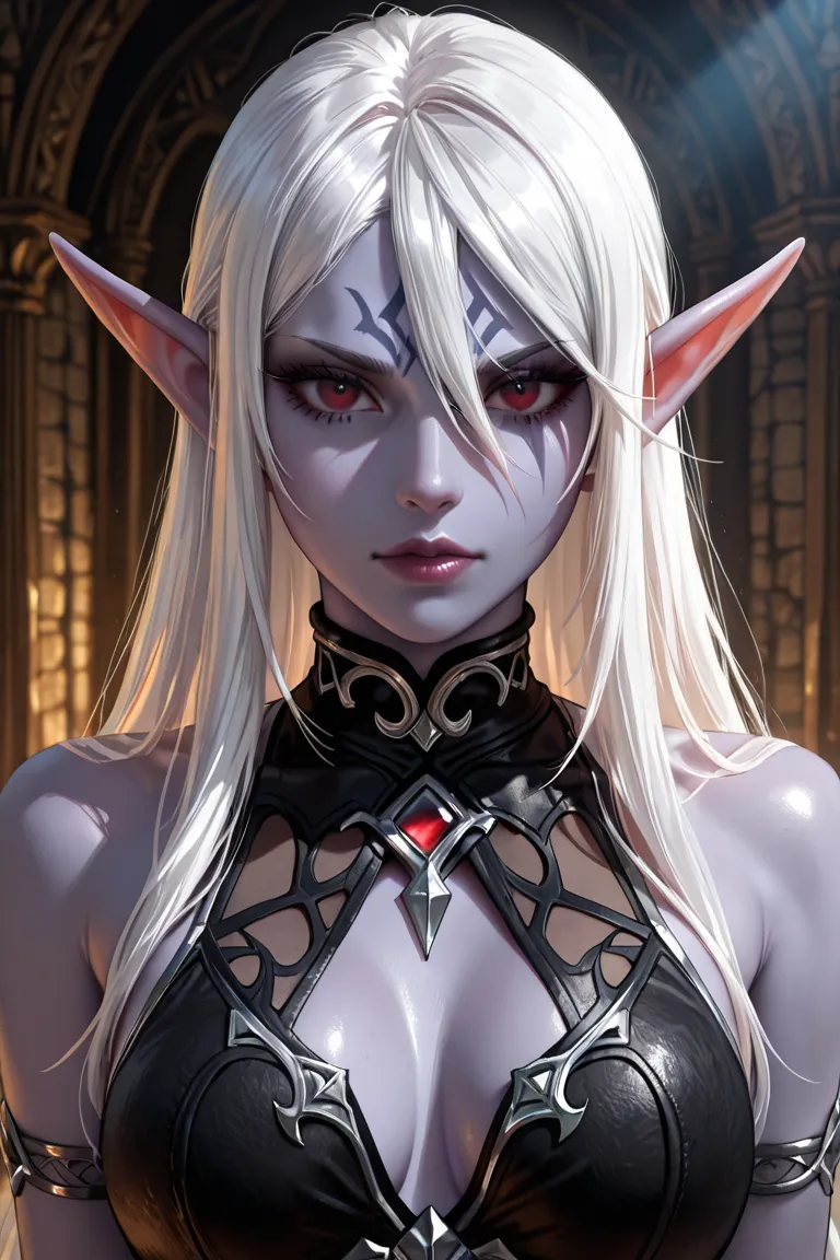 Female Drow Elf with long white hair, purple skin, red eyes and big chest. Close Portrait.