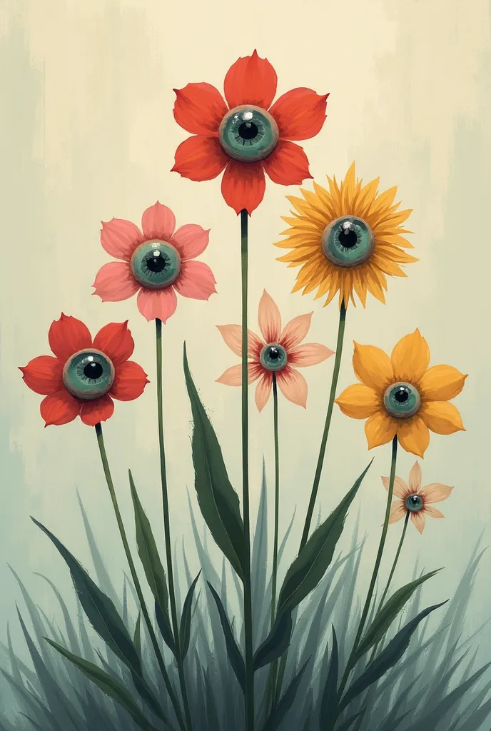 Surrealism art painting, 6 flowers with one eye each , simple