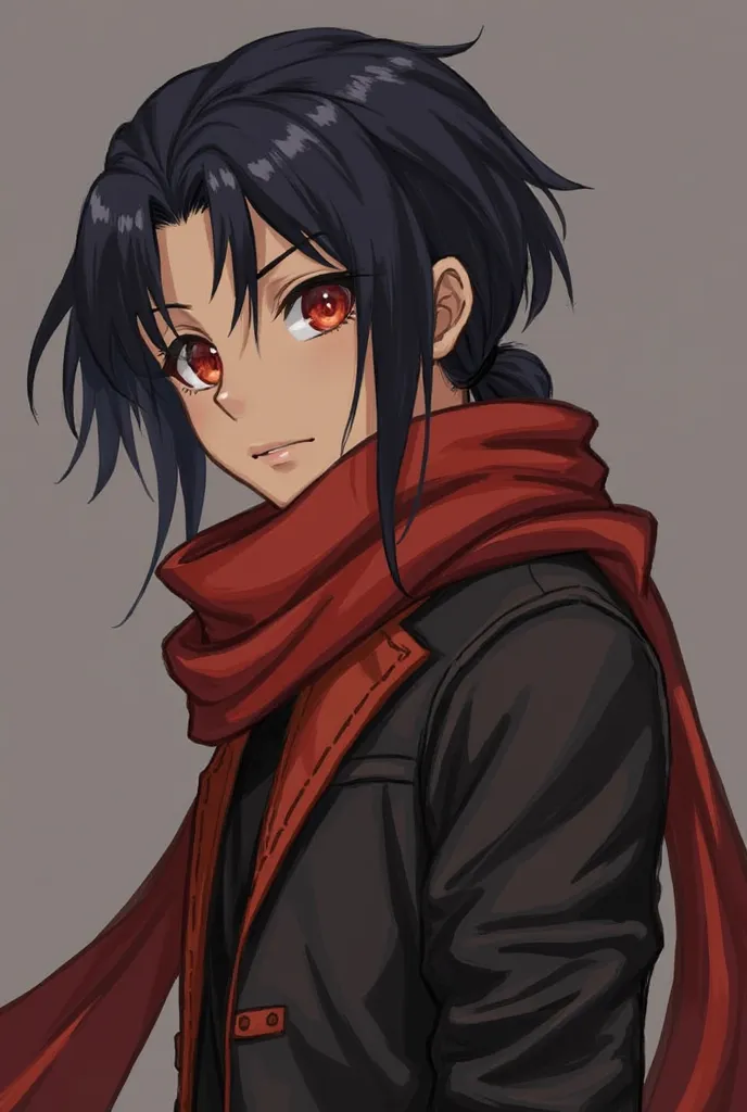 blac hair, Red amber eyes, jacket, boy, brown skin, red and black clothes color, little blue tints, tied hair, masculine, profile stance, soft expression, eyebags, no mask, no armor, leather, black and red scarf, Shadar-Kai, red or gold eyes, black jacket,...