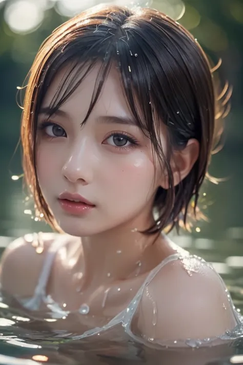  best quality ,  realistic, photo realistic,  award-winning illustrations , ( intricate detail in wet water: 1.2), ( Delicate Details), ( intricate detail in wet water), (  Cinematic Light ,  The Sexiness of a Super Girl with Ultra Short Hair