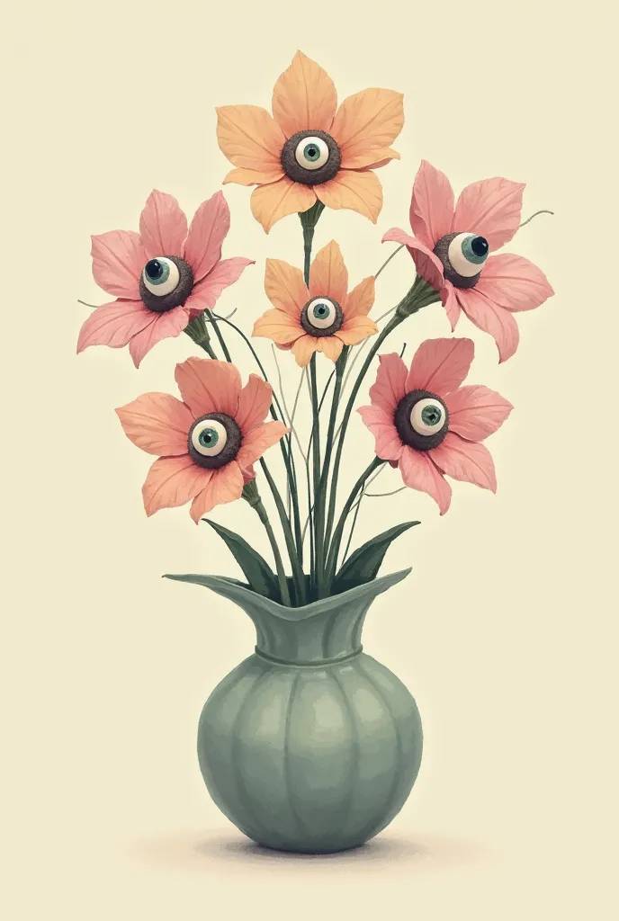 Surrealism art painting, 6 flowers with one eye each , simple, coming out of a vase