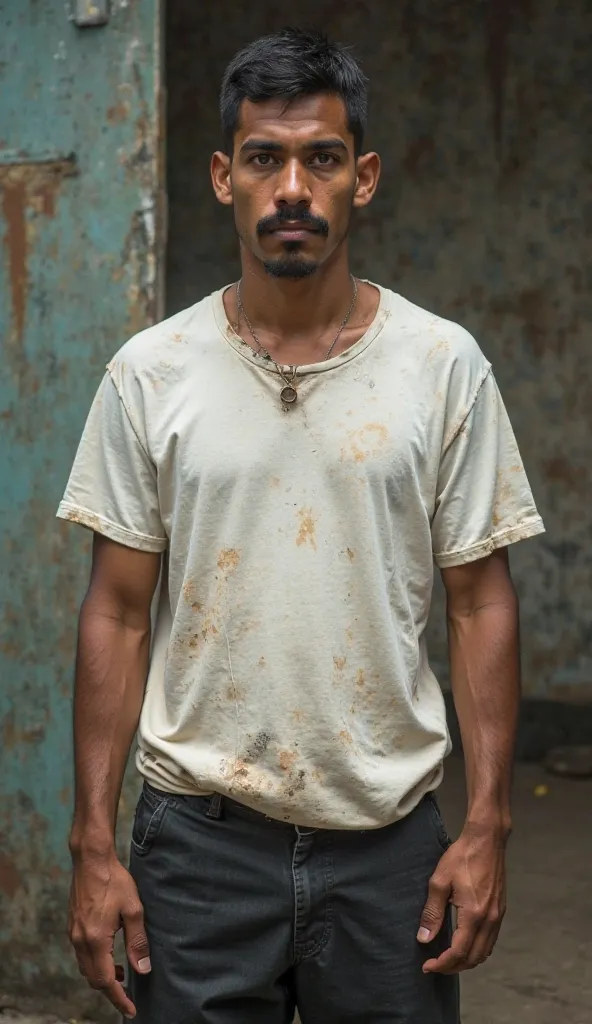 A 25-year-old mixed-race Dominican man , with battered white t-shirt and thin black pants. 80s style Poor man in front of the camera. Realistic 80s style hair short haircut with mustache 