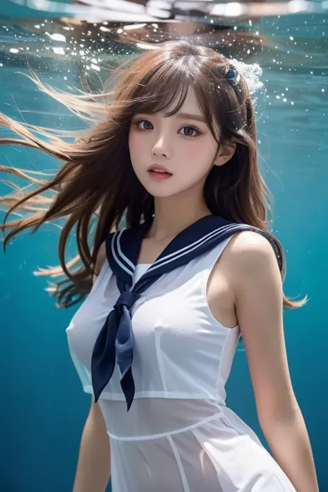 ( see-through:1.3),White sailor suit, sailor dress ,  White Theme , school uniform,  sailor suit ,  stare at viewers,  Madness,  long disheveled hair ,   beautiful eyes in every detail  ,Hair shines,Dramatic angle, blue sailor color ,  Plump Boobs , ogipot...