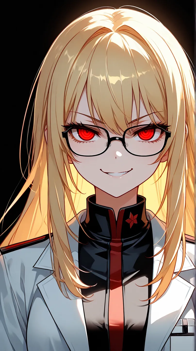 an evil female scientist with glasses and long blond hair wearing a white lab coat over a black and red military uniform with a evil smirk expression, black background, high detail, high quality, best quality, masterpiece, 8k