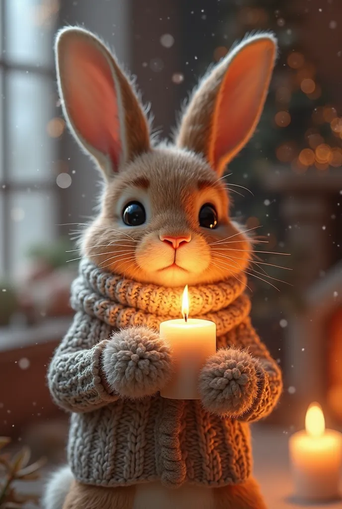 Bunny with a candle in warm clothes 