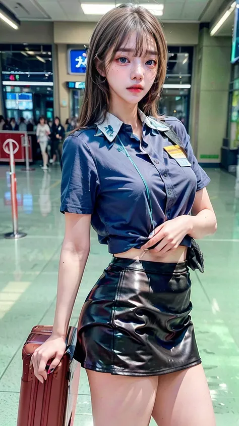 A beautiful, 24-year-old Japanese woman with perfect anatomy, healthy thighs, beautiful legs, beautiful skin, random hair color and style, large breasts, (wearing a flight attendant uniform with a mini-skirt:1.3), (she is standing:1.2), full body shot, pum...