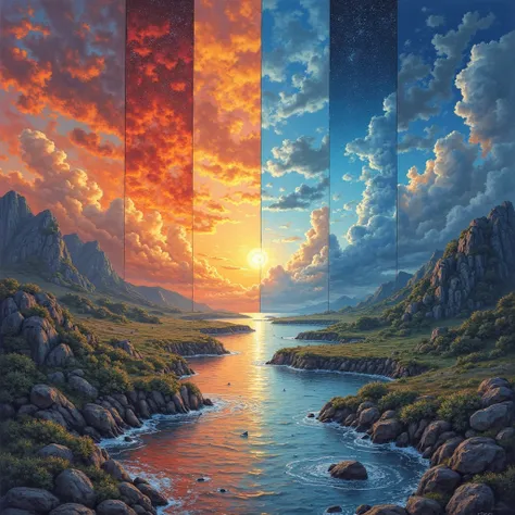 The image shows a series of vertical panels that represent different landscapes and times of day. Each panel has a predominant color that ranges from the red and intense orange of a sunrise or sunset to the deep blue of the night. The landscapes include sc...