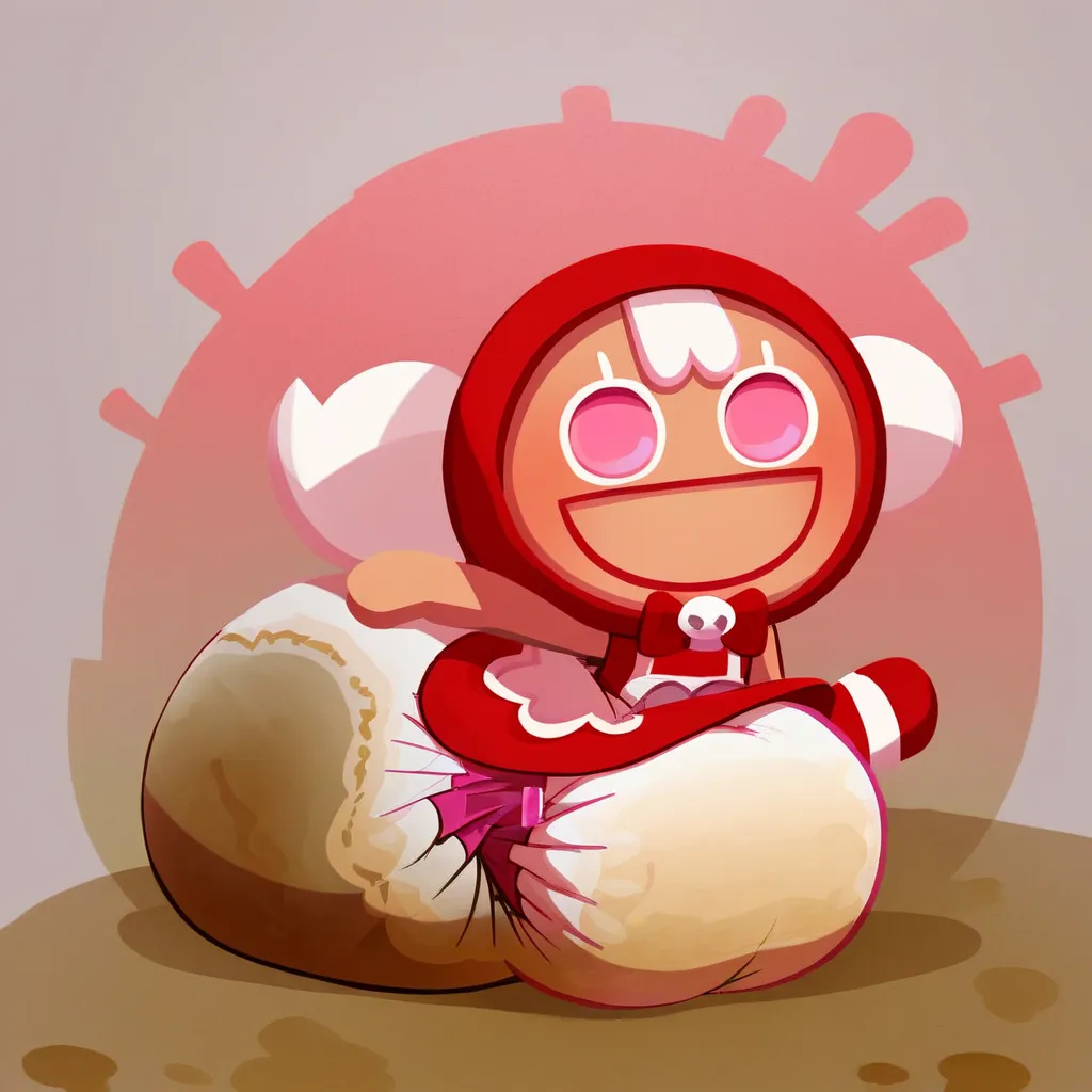 score_9_up, score_8_up, BREAK, CherryCookieRun, 1girl, solo, white hair, pink eyes, red hood, sleeveless dress, red dress, chibi, upper body, forest, smile, big hips, big diaper, messy diaper, enormous saggy bulging diaper, diaper keeps getting bigger and ...