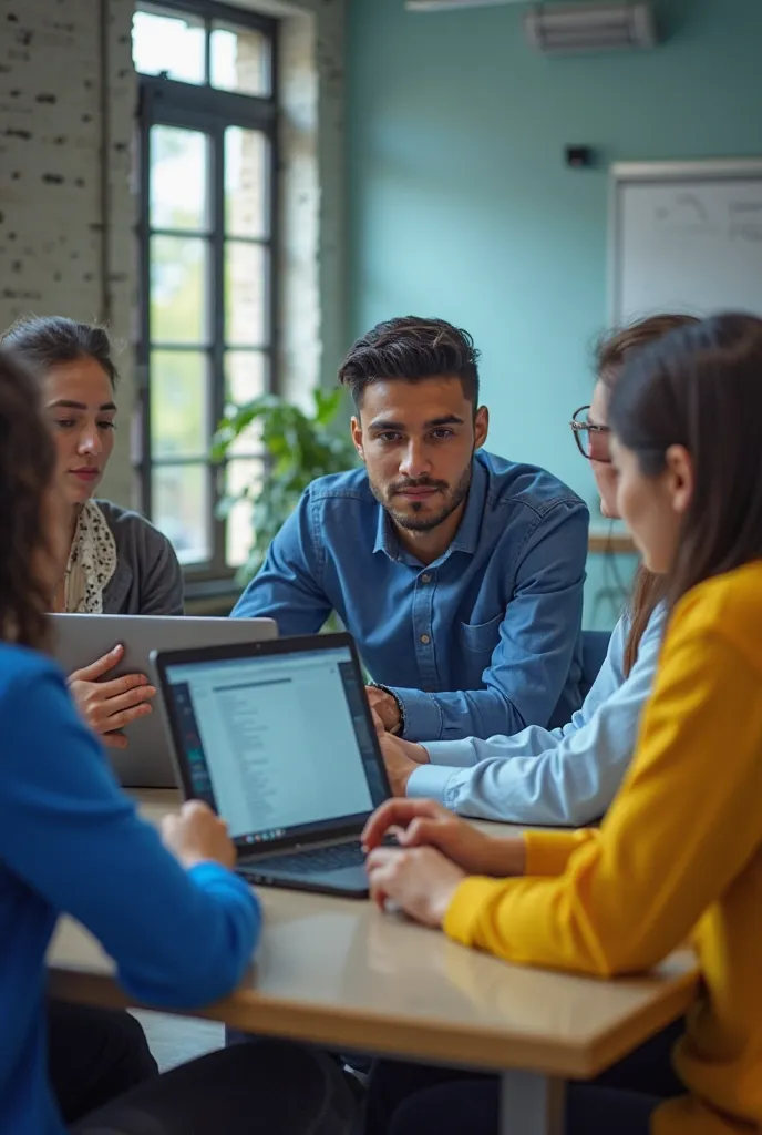 Virtual learning environments in three groups of Latino university students with two men and two women: live action undergraduate and postgraduate students in a classroom interacting, present the image where laptops predominate, critical thinking in blue a...