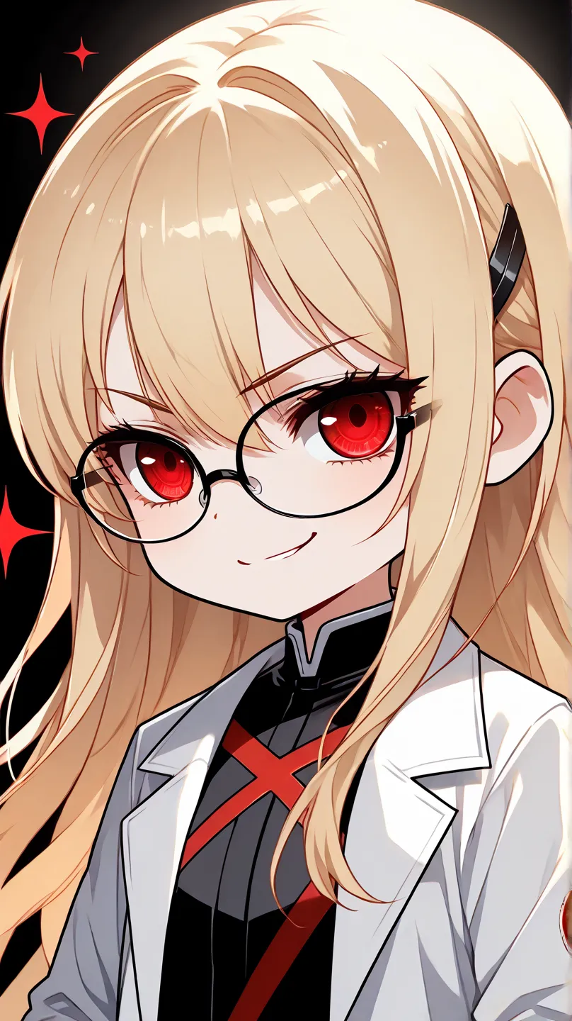 chibi style, an evil female scientist with glasses and long blond hair wearing a white lab coat over a black and red military uniform with a evil smirk expression, black background, high detail, high quality, best quality, masterpiece, 8k