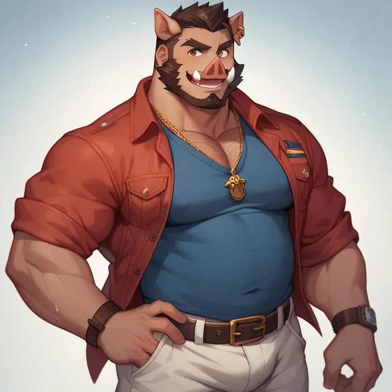 Karl is a plump young man with brown eyes and hair. His haircut is classic and his beard is a chinstrap.

He has a dark T‐shirt that features a menacing boar’s head, and brown long pants. He’s also wearing a fanny pack around his waist.