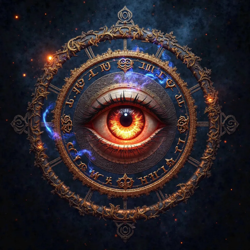 A mystical glowing eye with an intricate magical circle around it, floating in a dark void. The eye appears all-seeing, with an ethereal glow, surrounded by ancient runes, alchemical symbols, and arcane writings. The design is inspired by occult aesthetics...