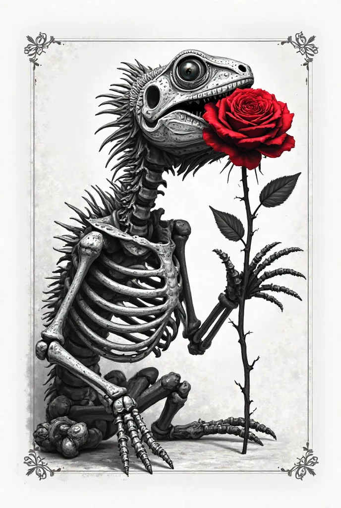 Black and white artwork of an iguana skeleton with a red rose in its mouth, all inside a rectangle 